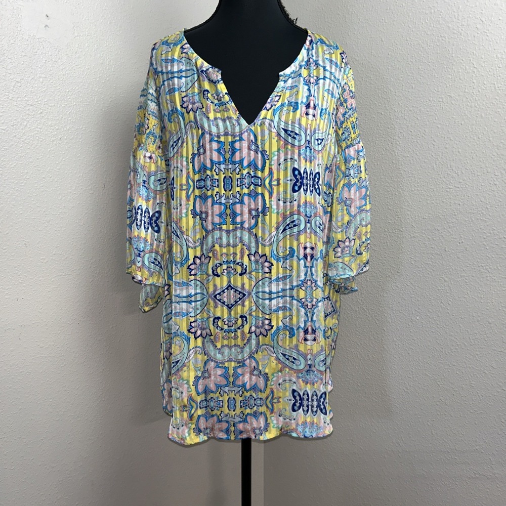 Belle & Sky Blouse Women's XL Multicolor Paisley Sheer Ruffled Sleeve Artsy